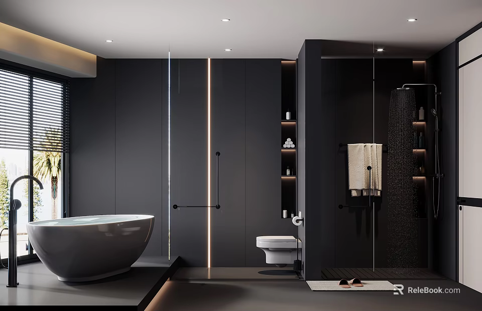 Modern Dark Bathroom With Freestanding Tub Smart Toilet And Glass Shower 3d model 