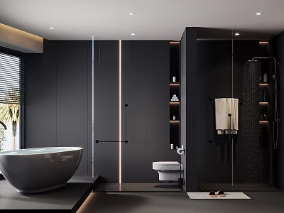 Modern Dark Bathroom With Freestanding Tub Smart Toilet And Glass Shower 3d model
