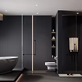 Modern Dark Bathroom With Freestanding Tub Smart Toilet And Glass Shower