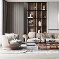 Modern Living Room Interior With Beige Sofa Armchair Black Gold Bookshelf And Round Wall Art