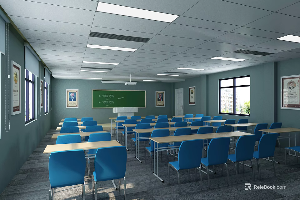 School Classroom Interior With Blue Chairs Yellow Desks Blackboard Windows Ceiling Lights And Wall Paintings 3d model 