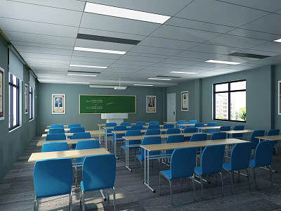 School Classroom Interior With Blue Chairs Yellow Desks Blackboard Windows Ceiling Lights And Wall Paintings 3d model