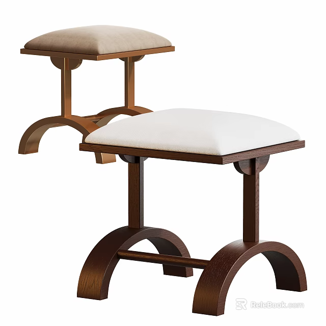Wooden Stools With Curved Legs And Upholstered Seats In Light Brown And White 3d model 