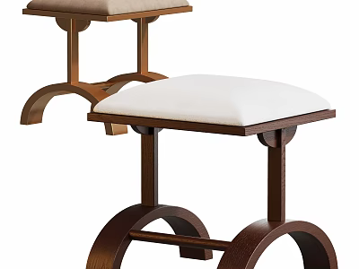 Wooden Stools With Curved Legs And Upholstered Seats In Light Brown And White 3d model