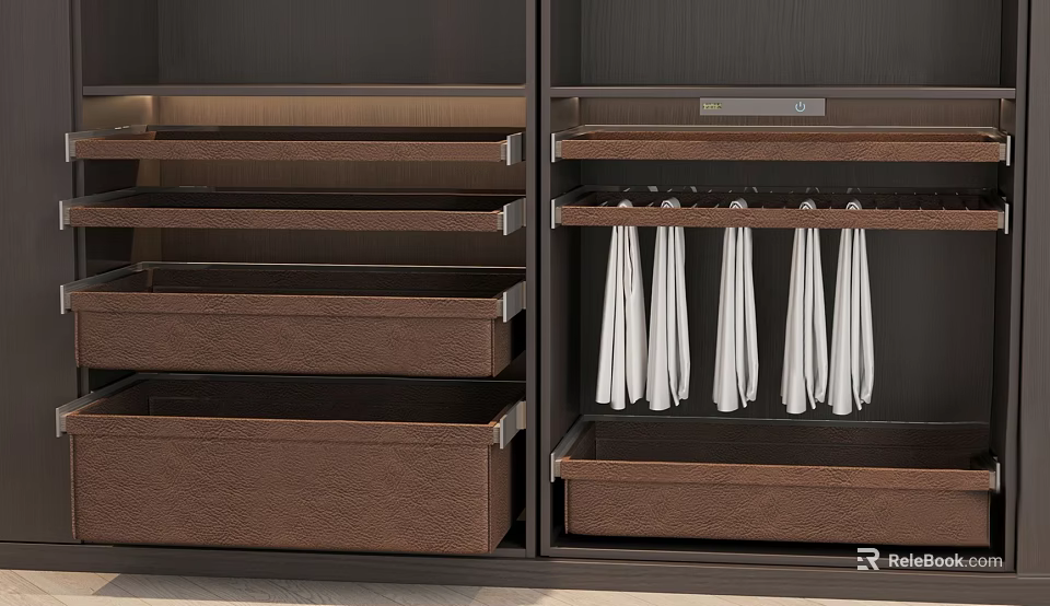 Dark Wood Wardrobe Interior with Multiple Drawers and White Hanging Clothes 3d model 