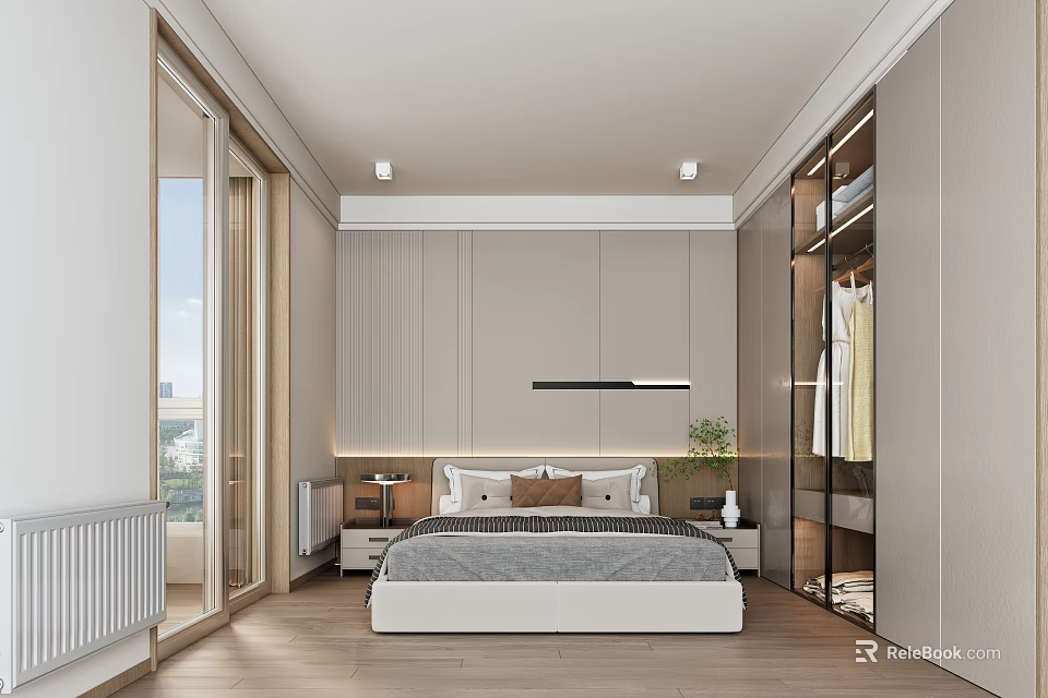 Modern Minimalist Bedroom Interior With Large Windows Wooden Flooring And Built In Wardrobe 3d model 