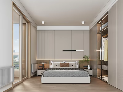 Modern Minimalist Bedroom Interior With Large Windows Wooden Flooring And Built In Wardrobe 3d model