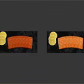 Fresh Salmon Slices Arranged on Black Stone Plates with Lemon Slices