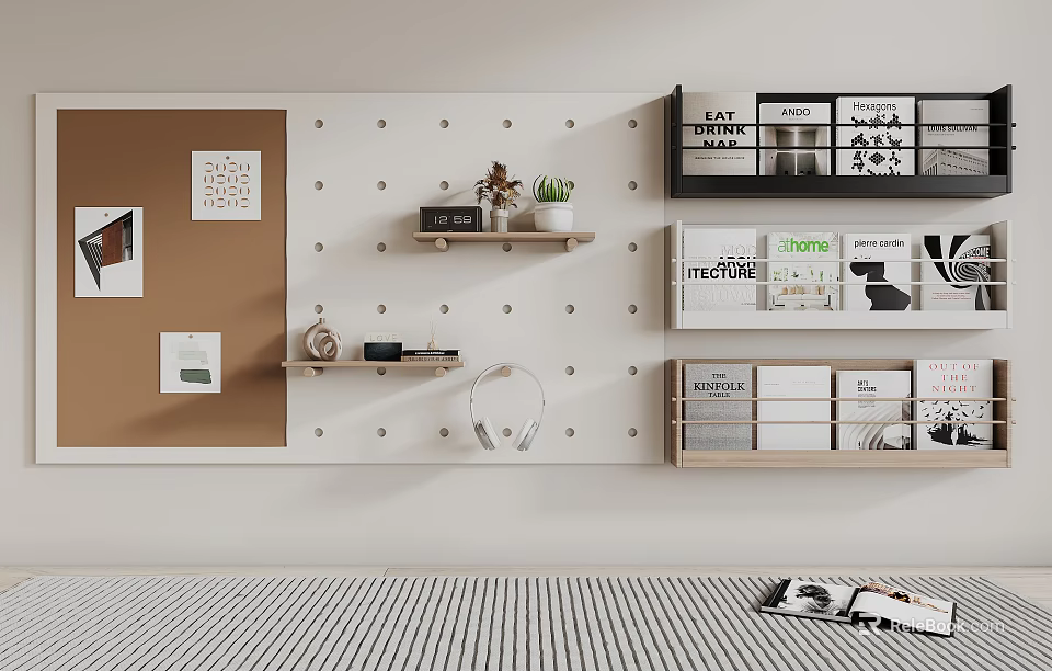 Black And Wood Wall Cabinets With Magazines Books On White Wall Featuring Corkboard And Pegboard 3d model 