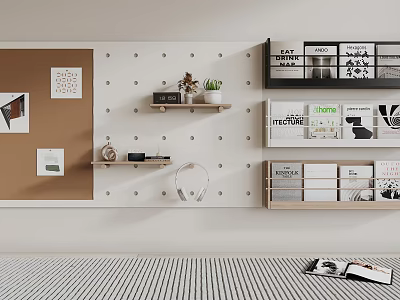 Black And Wood Wall Cabinets With Magazines Books On White Wall Featuring Corkboard And Pegboard 3d model