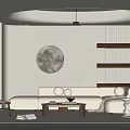 Modern Living Room Interior With Beige Sofa Round Pendant Light And Circular Wall Decor