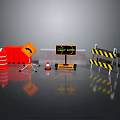 Road Construction Safety Equipment Including Red Barrel Yellow Warning Sign Traffic Cone And Striped Barriers