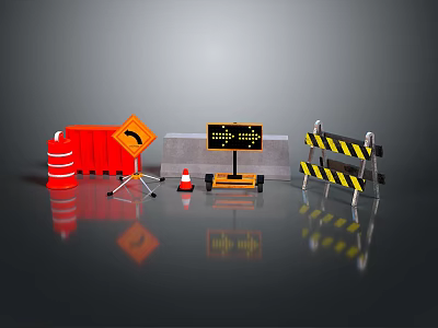 Road Construction Safety Equipment Including Red Barrel Yellow Warning Sign Traffic Cone And Striped Barriers 3d model