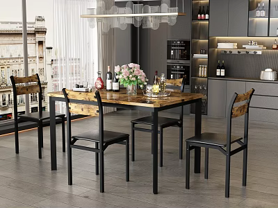 Modern Restaurant Dining Area With Wooden Table Black Chairs Chandelier And Flower Arrangement 3d model