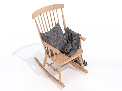 Cozy Wooden Rocking Chair with Gray Cushion and Soft Comfortable Blanket 3d model
