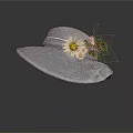 Silver Wide Brim Hat With Daisy Flower And Green Leaf Decoration