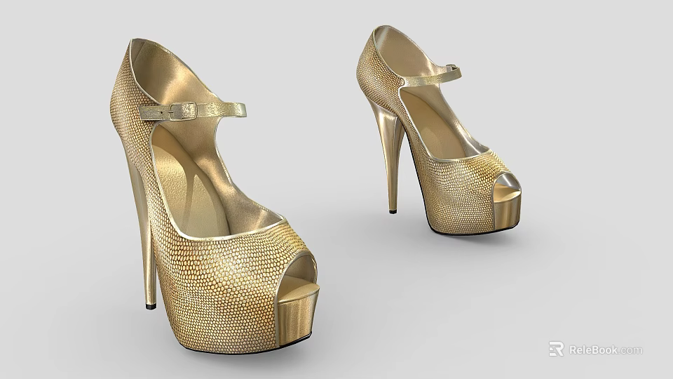Gold Textured Peep Toe High Heels With Ankle Strap And Stiletto Heel 3d model 