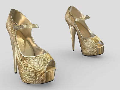Gold Textured Peep Toe High Heels With Ankle Strap And Stiletto Heel 3d model