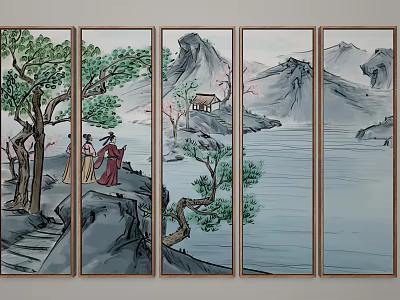 Traditional Chinese Landscape Screen Painting With Mountains Lake Figures On Stone Path And Trees 3d model
