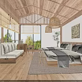 Cozy Natural Wooden Hotel Guest Room With Twin Beds And Beautiful Outdoor Landscape View