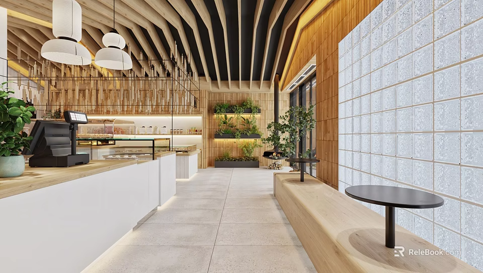 Modern Dessert Shop Interior With Open Layout Wooden Counter Green Plants And Pendant Lights 3d model 