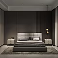 Modern Luxury Upholstered Double Bed With Matching Nightstands For Elegant Dark Tone Bedroom Interior