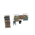 Industrial Equipment In Large Warehouse With Metal Shelves Blue Carts Pallets And Stacked Crates