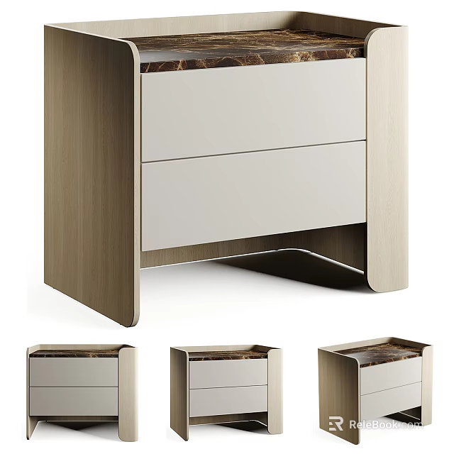 Modern Wooden Nightstand Design With Marble Top And Two Drawers Structure 3d model 