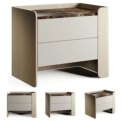 Modern Wooden Nightstand Design With Marble Top And Two Drawers Structure 3d model