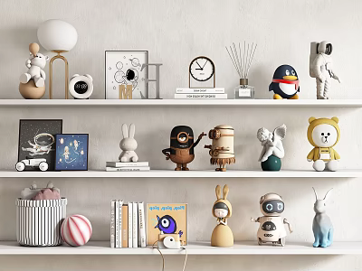 Decorative Shelves Showcasing Adorable Stuffed Dolls With Books Balls And Small Ornaments 3d model