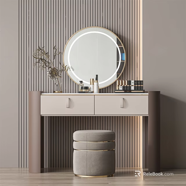 Modern Dressing Table With Round LED Mirror Drawers Padded Stool And Skincare Products 3d model 