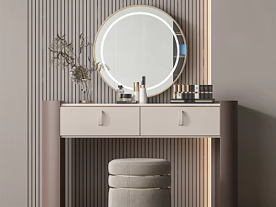 Modern Dressing Table With Round LED Mirror Drawers Padded Stool And Skincare Products 3d model
