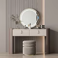 Modern Dressing Table With Round LED Mirror Drawers Padded Stool And Skincare Products