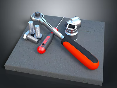 Essential Hardware Tools Wrench Socket Screwdriver And Bolts With Red Black Handles On Gray Platform 3d model