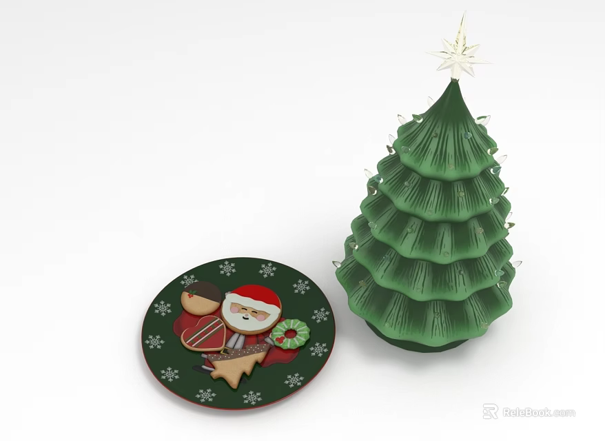 Festive Christmas Food Platter With Santa Design Snowflake Decor And Green Tree 3d model 