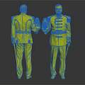 Two Men in Blue Uniforms With Golden Trim Red Accents Front Back Holding White Hats
