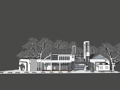 Modern Traditional Blend Building Exterior Design With Trees And Glass Facade 3d model