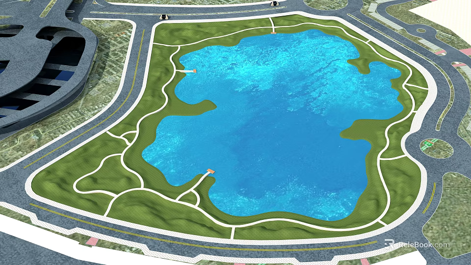 Garden Landscape Design Featuring Large Blue Pond Green Lawns And Winding Paths 3d model 