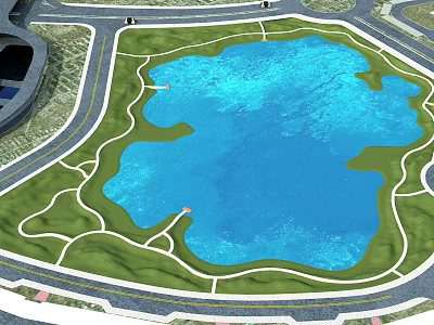 Garden Landscape Design Featuring Large Blue Pond Green Lawns And Winding Paths 3d model