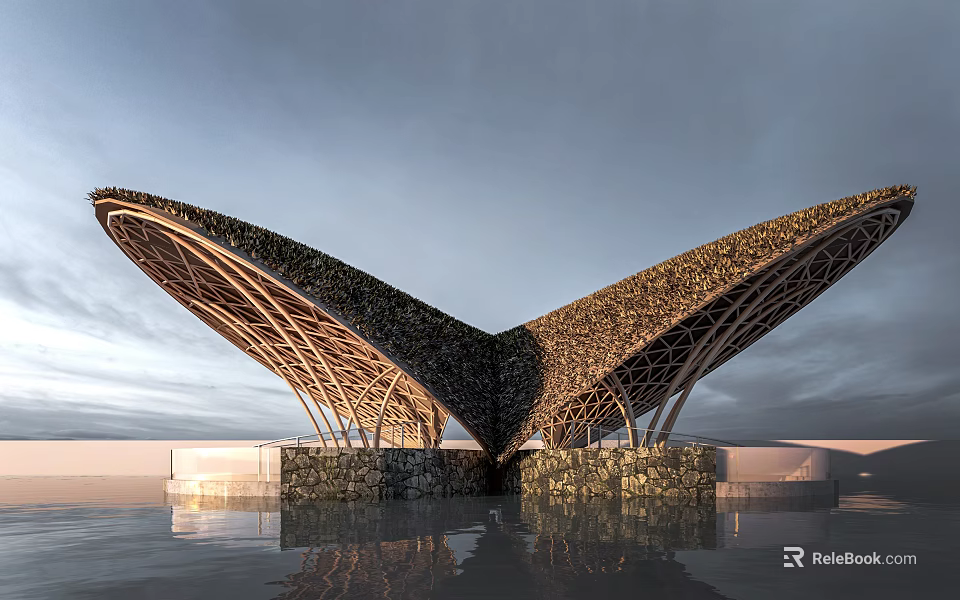 Unique Wing Shaped Architectural Design With Wooden Frame Stone Base And Water Reflection 3d model 