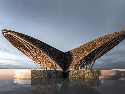 Unique Wing Shaped Architectural Design With Wooden Frame Stone Base And Water Reflection 3d model