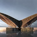 Unique Wing Shaped Architectural Design With Wooden Frame Stone Base And Water Reflection 3d model