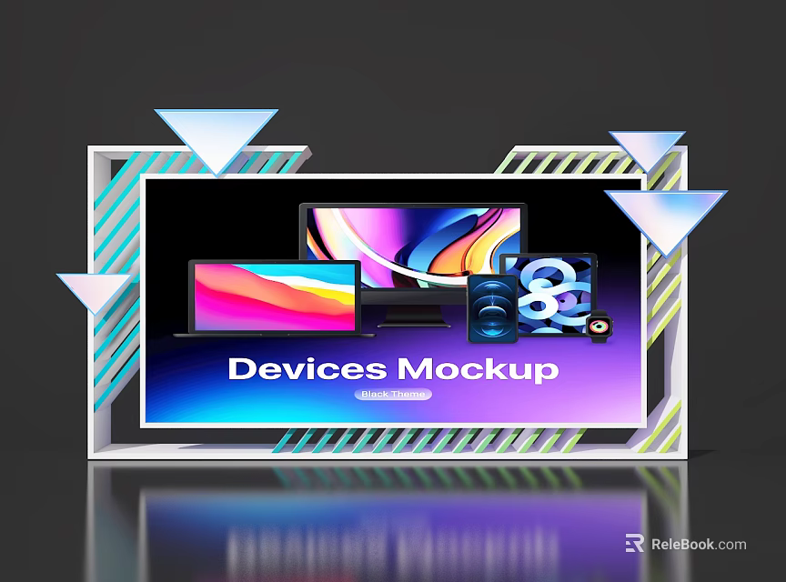 Modern Event Display Wall Featuring Devices Mockup With Multiple Screens And Geometric Accents 3d model