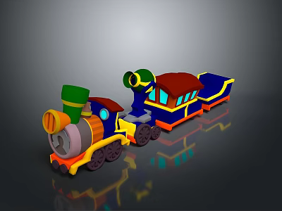 Colorful Toy Train 3D Model With Multiple Carriages Green Chimney Blue Car And Red Roof 3d model