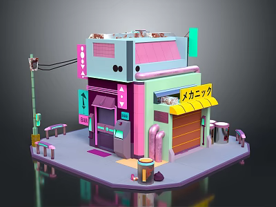 Vibrant 3D Modeled Cafe Shop With Pink Green Facade Street Lamp And Tables 3d model