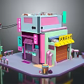 Vibrant 3D Modeled Cafe Shop With Pink Green Facade Street Lamp And Tables