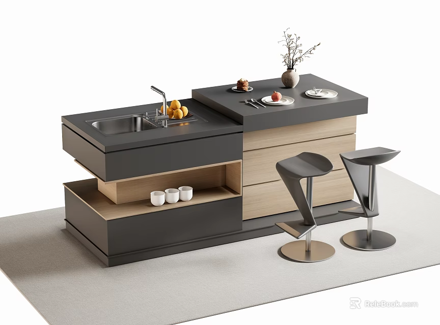 Modern Bar Counter Design With Sink Wooden Top Black Drawers And Metal Stools 3d model 