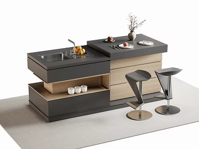 Modern Bar Counter Design With Sink Wooden Top Black Drawers And Metal Stools 3d model