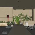 Tranquil Indoor Landscape With Various Green Plants Water Pond Decorative Stones And Soft Lighting