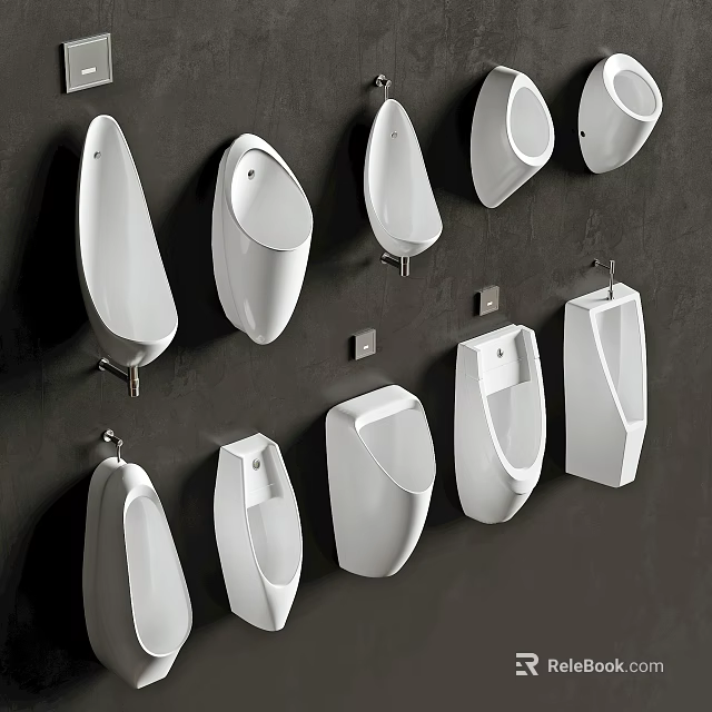 Ceramic White Urinals Mounted On Dark Colored Wall In Multiple Units 3d model 